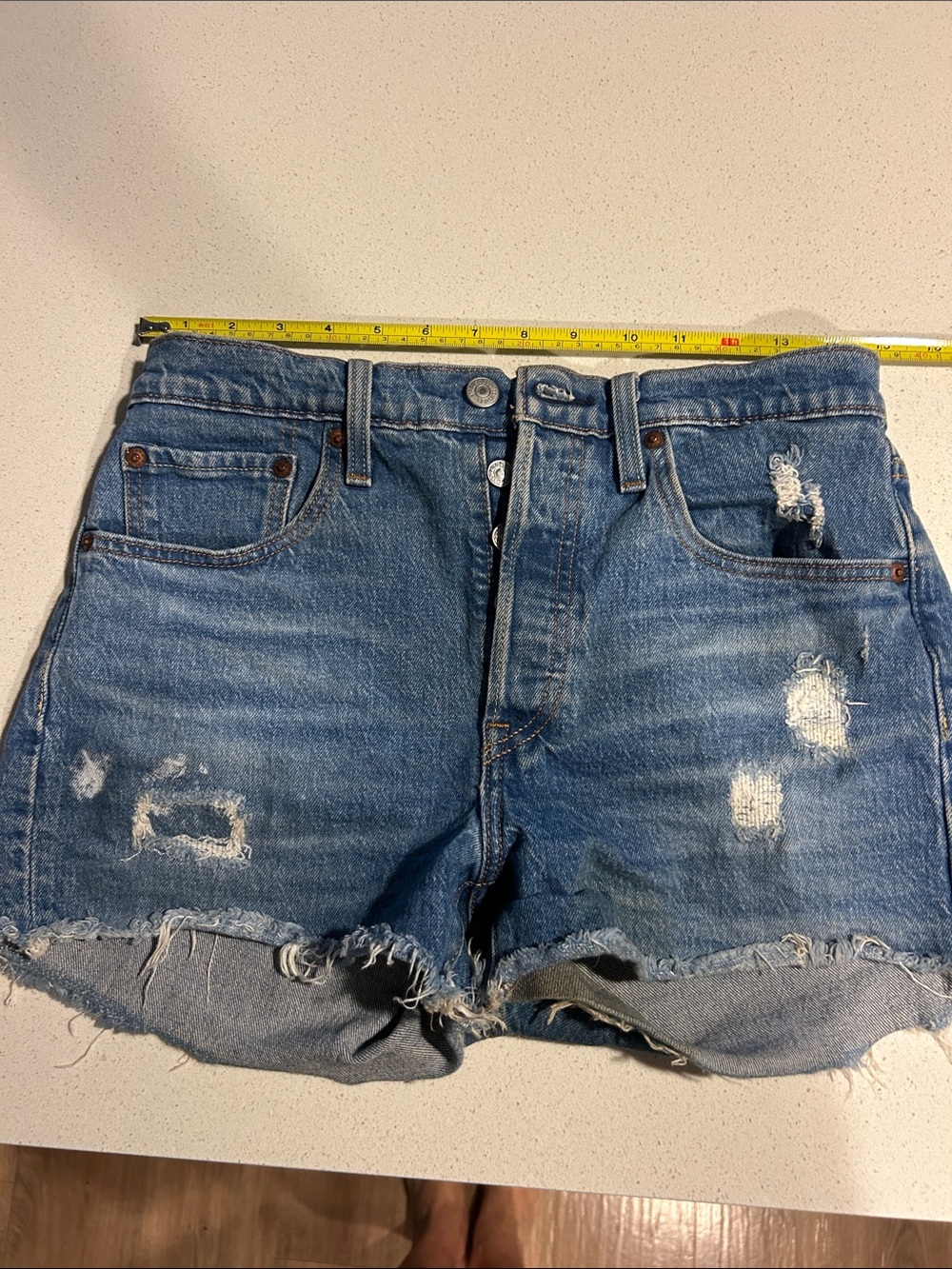 Levi's Medium Blue Distressed Denim Cutoff Shorts